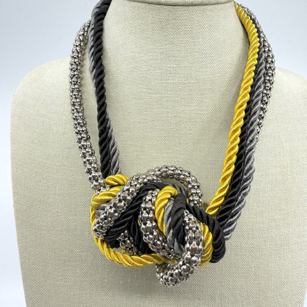 Statement Chunky Knot Necklace Yellow Black Silver Tone Rope Bold Festival Gift